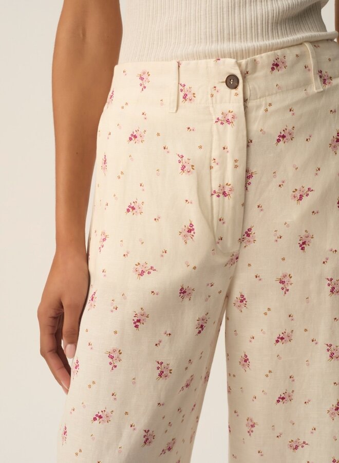 Pantalon Des Petits Hauts Tiffaine écru à petites fleurs rose Alizée
