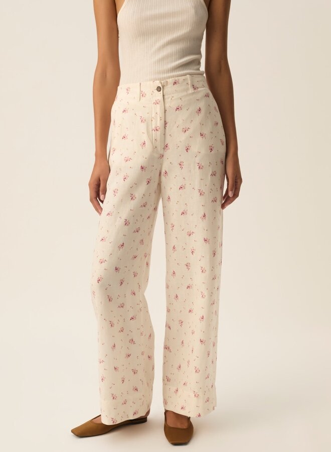 Pantalon Des Petits Hauts Tiffaine écru à petites fleurs rose Alizée