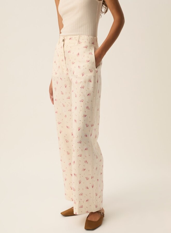 Pantalon Des Petits Hauts Tiffaine écru à petites fleurs rose Alizée