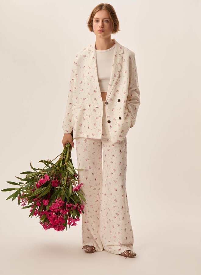 Pantalon Des Petits Hauts Tiffaine écru à petites fleurs rose Alizée