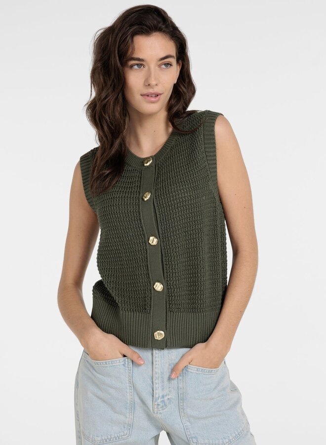 Débardeur Yaya sans manches à boutons dorés en tricot vert armé