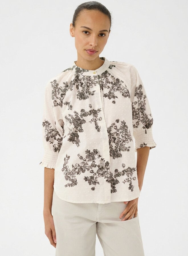 Blouse Part Two Almeras à manches 3/4 écrue fleurie vert olive fumée