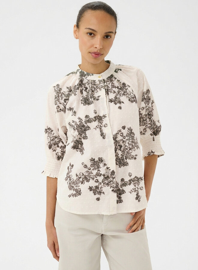 Blouse Part Two Almeras à manches 3/4 écrue fleurie vert olive fumée