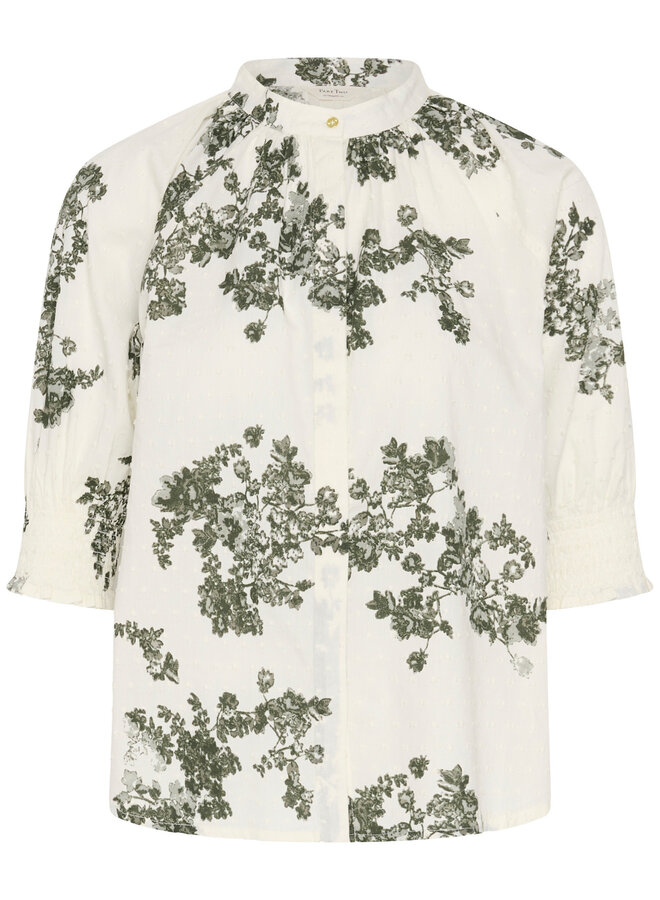 Blouse Part Two Almeras à manches 3/4 écrue fleurie vert olive fumée