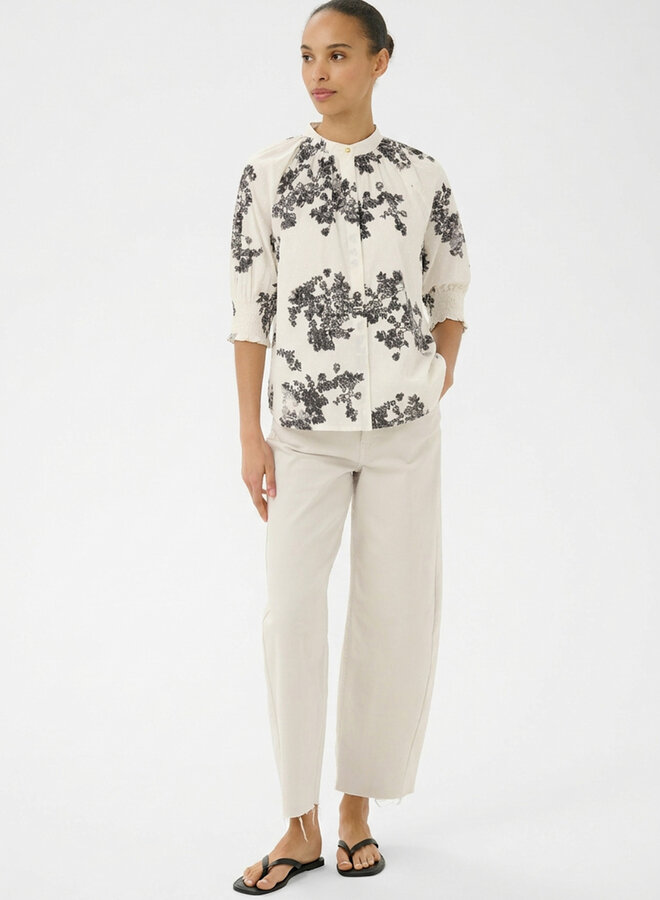 Blouse Part Two Almeras à manches 3/4 écrue fleurie vert olive fumée