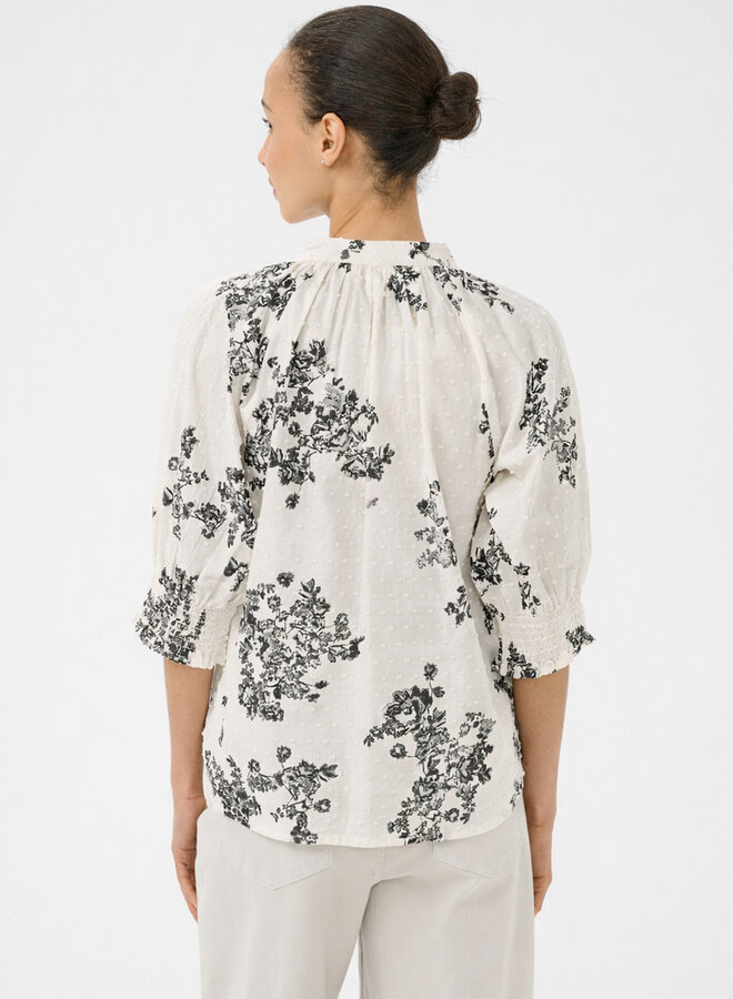 Blouse Part Two Almeras à manches 3/4 écrue fleurie vert olive fumée