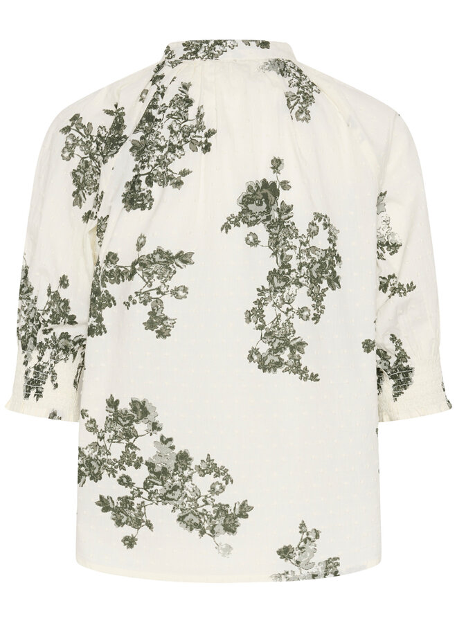 Blouse Part Two Almeras à manches 3/4 écrue fleurie vert olive fumée