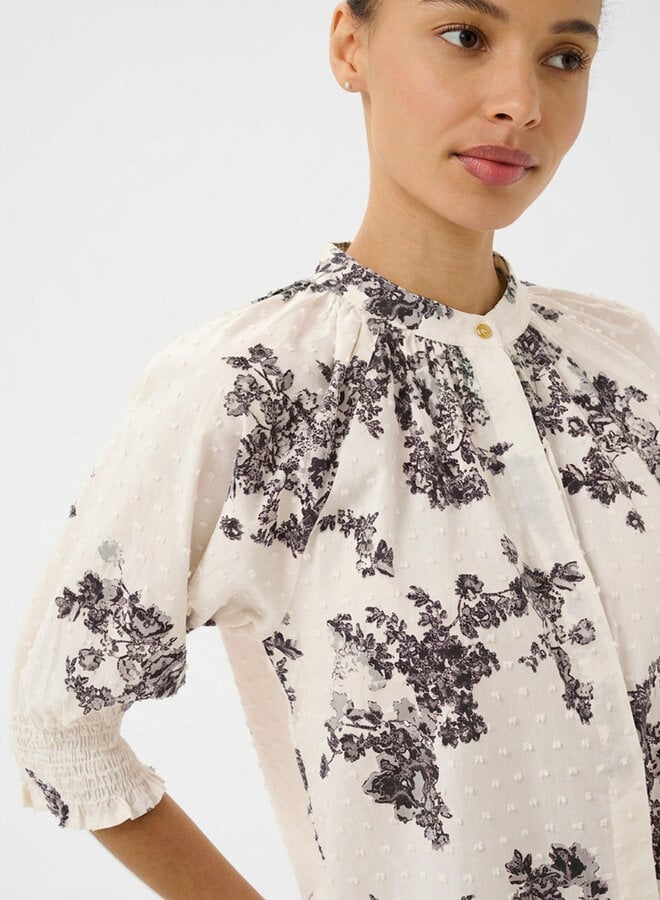 Blouse Part Two Almeras à manches 3/4 écrue fleurie vert olive fumée