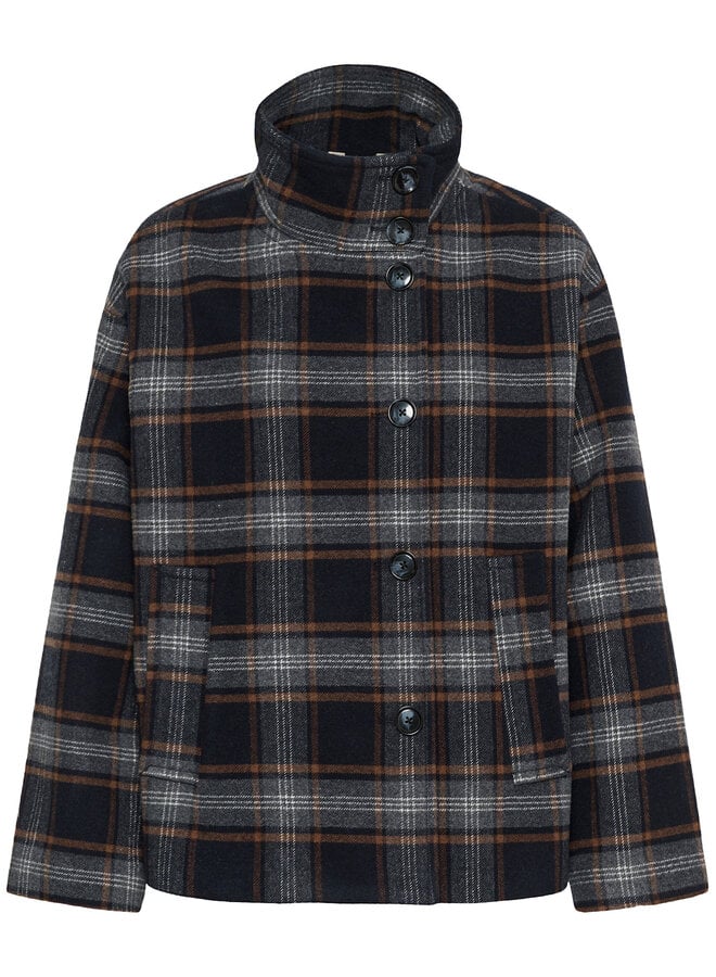 Manteau Part Two Celly bleu marine à carreaux brun noisette & gris