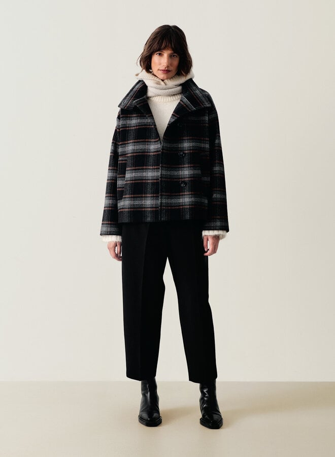 Manteau Part Two Celly bleu marine à carreaux brun noisette & gris