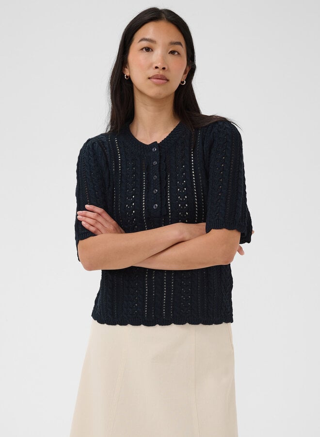 Tricot Part Two Darnella à col rond boutonné & pointelle bleu marine