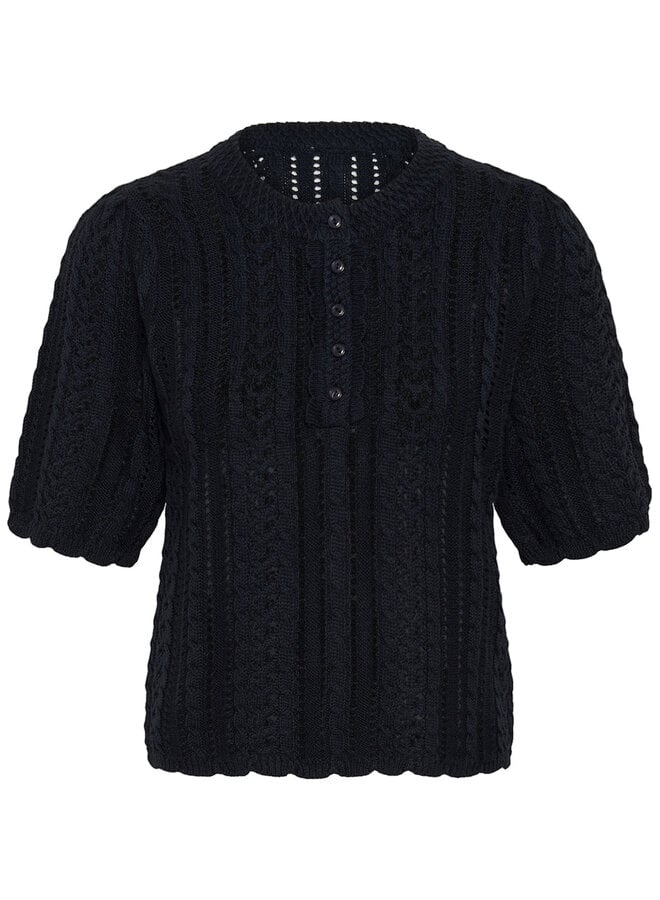 Tricot Part Two Darnella à col rond boutonné & pointelle bleu marine