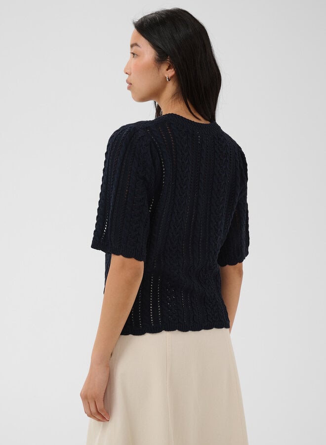 Tricot Part Two Darnella à col rond boutonné & pointelle bleu marine