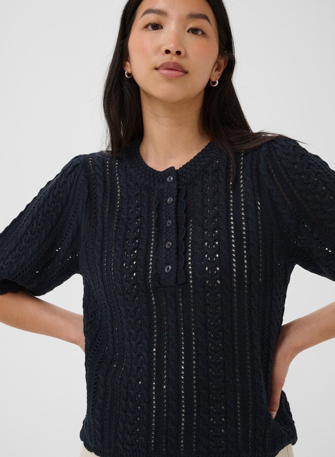 Tricot Part Two Darnella à col rond boutonné & pointelle bleu marine