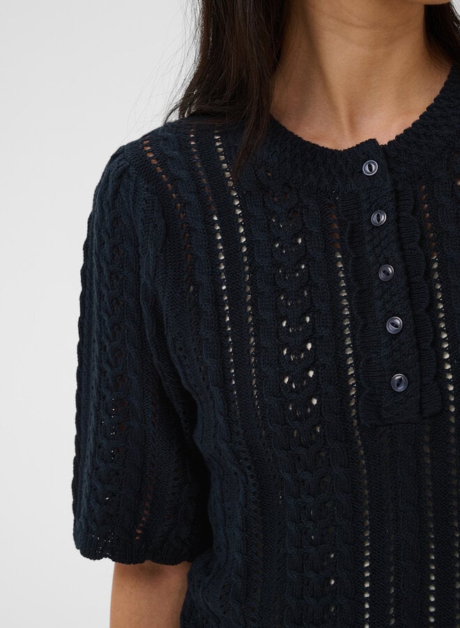 Tricot Part Two Darnella à col rond boutonné & pointelle bleu marine