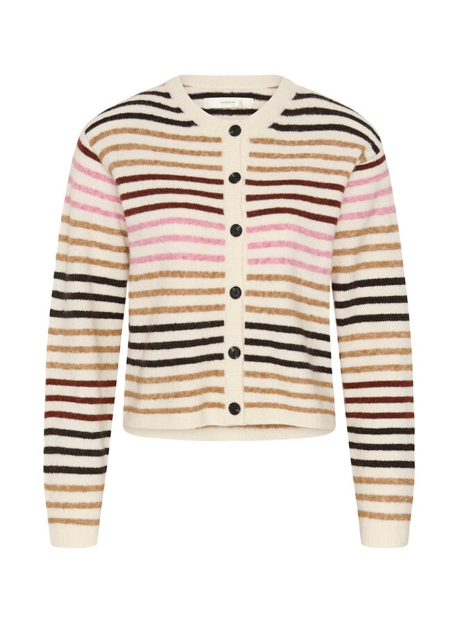 Cardigan InWear Guna à col rond boutonné écru rayé rose, rouille multi