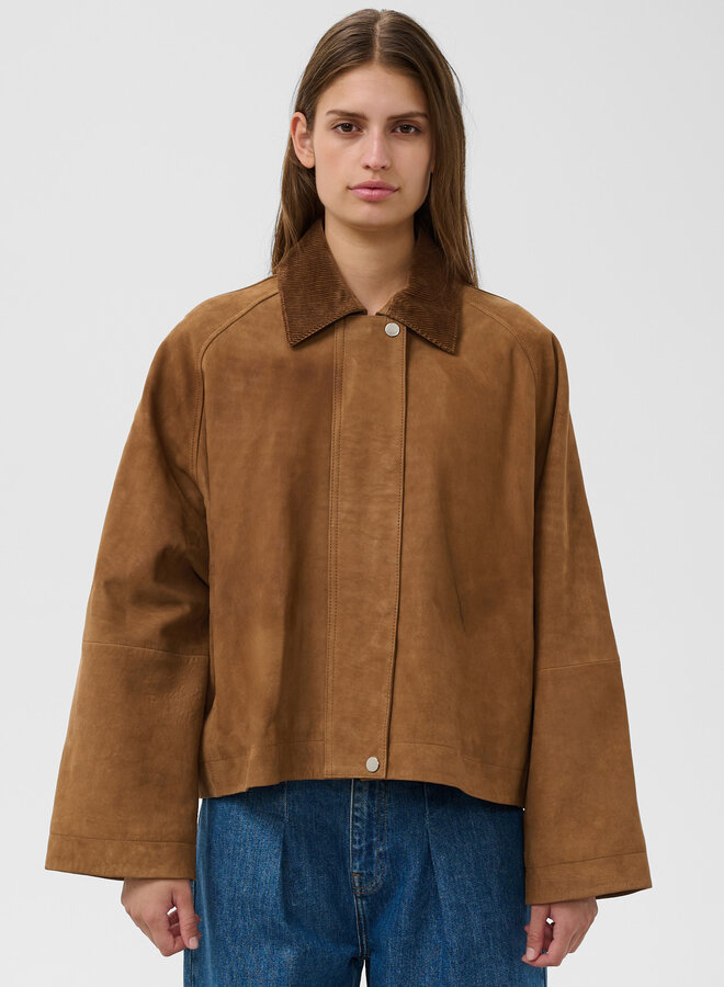 Manteau Soaked Parvati en suède beige et col classique en corduroy brun noisette