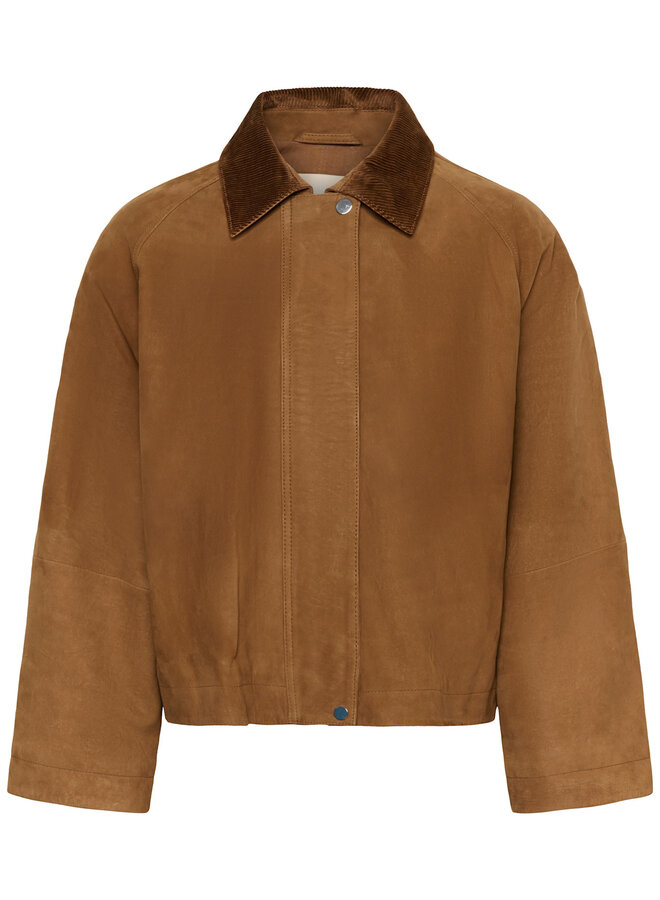 Manteau Soaked Parvati en suède beige et col classique en corduroy brun noisette