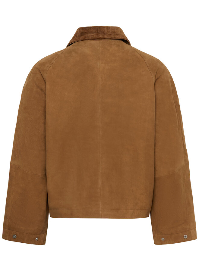 Manteau Soaked Parvati en suède beige et col classique en corduroy brun noisette