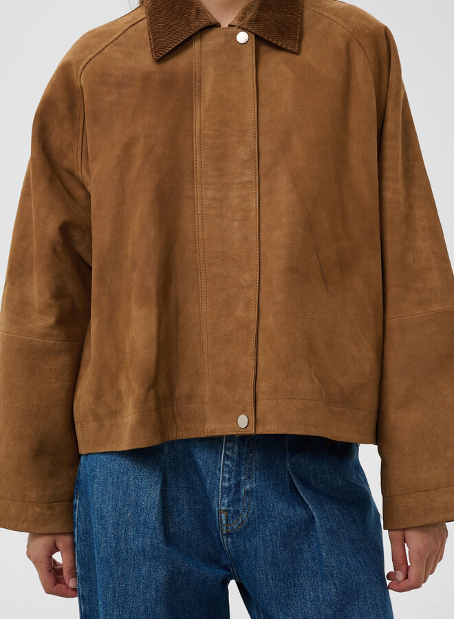 Manteau Soaked Parvati en suède beige et col classique en corduroy brun noisette