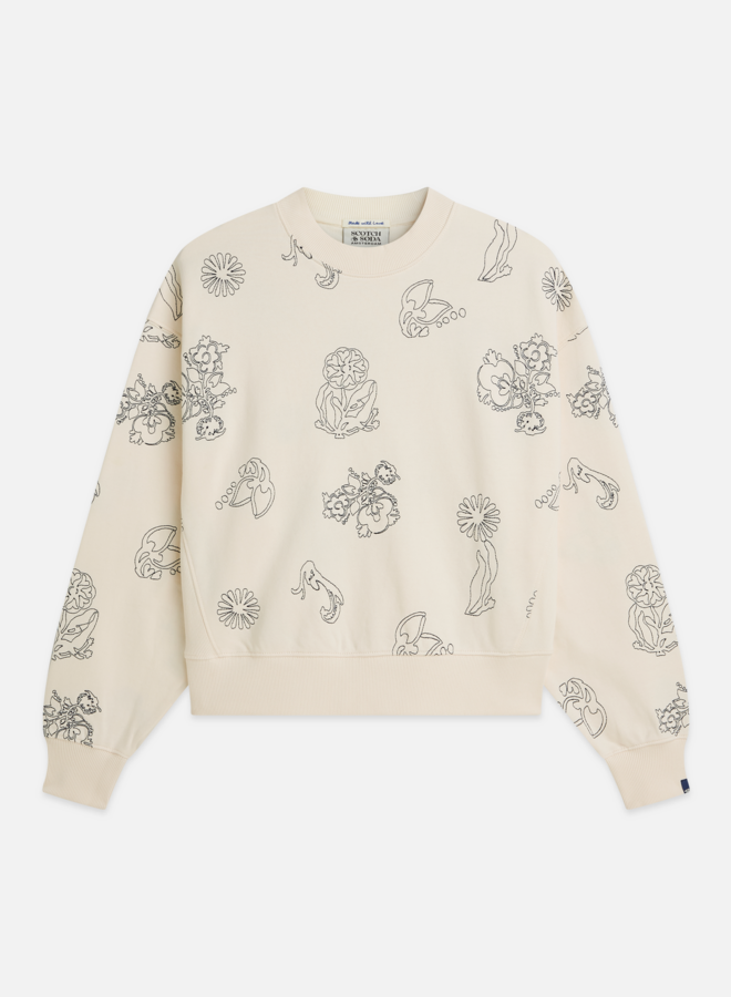 Chandail Scotch & Soda molletonné écru à broderies bleues