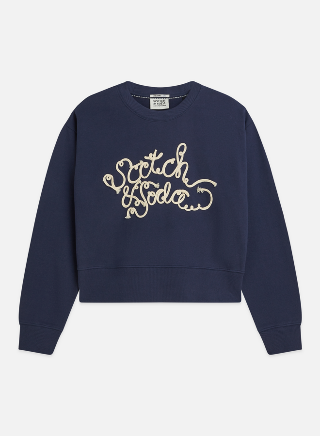 Chandail Scotch & Soda molletonné bleu nuit avec logo ruban crème