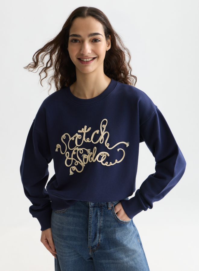 Chandail Scotch & Soda molletonné bleu nuit avec logo ruban crème