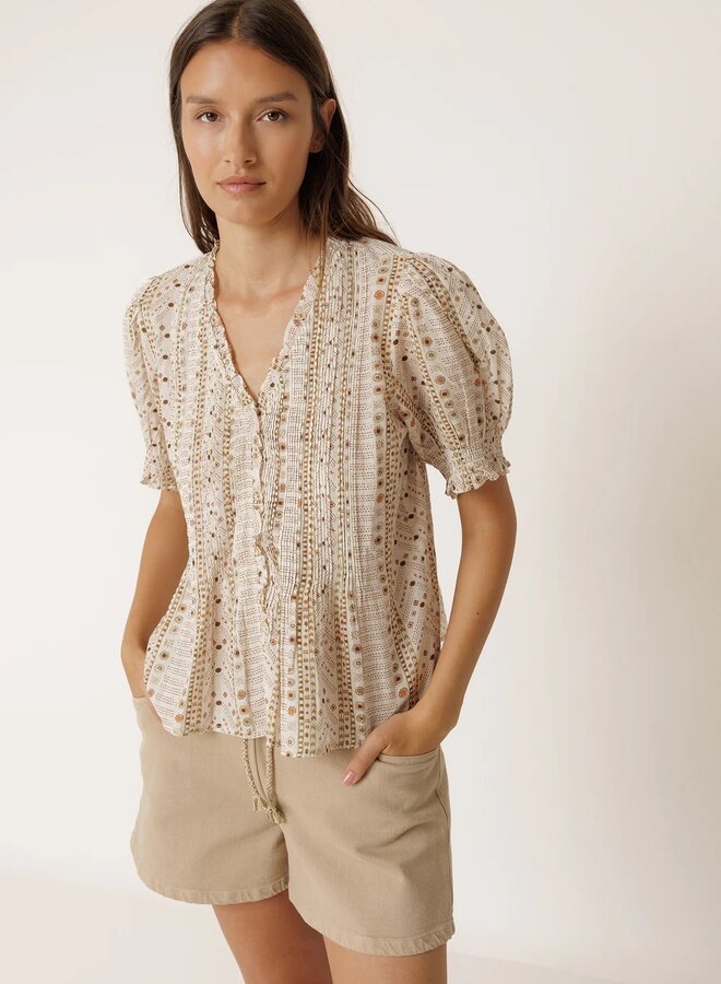 Blouse Indi & Cold à manches courtes imprimée aztèque vert khaki multi