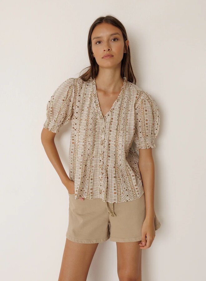 Blouse Indi & Cold à manches courtes imprimée aztèque vert khaki multi