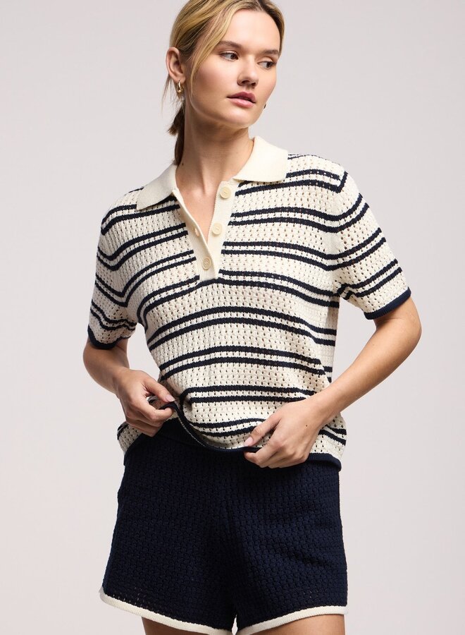 Tricot Velvet Lumen à col polo rayé écru & bleu marine