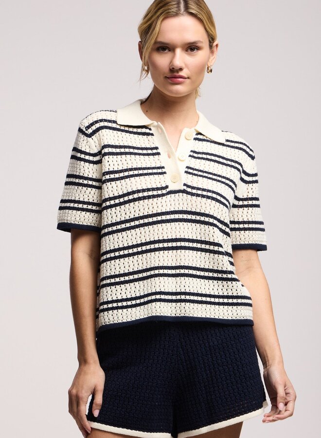 Tricot Velvet Lumen à col polo rayé écru & bleu marine