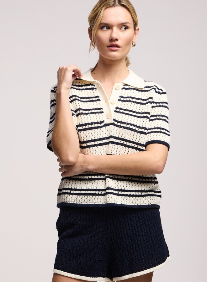 Tricot Velvet Lumen à col polo rayé écru & bleu marine