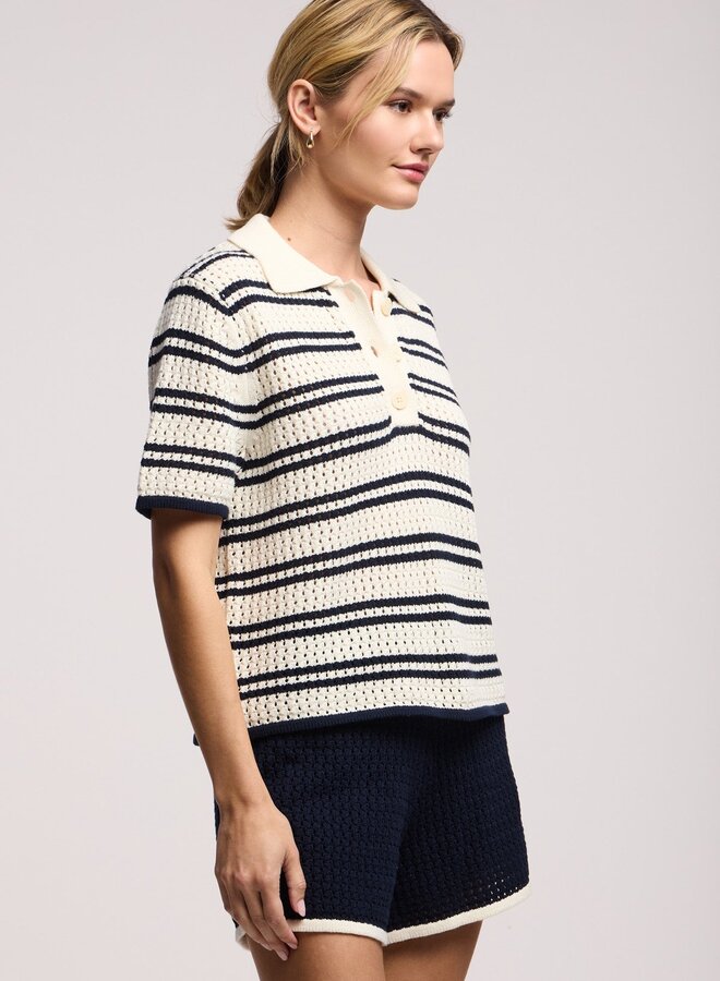Tricot Velvet Lumen à col polo rayé écru & bleu marine