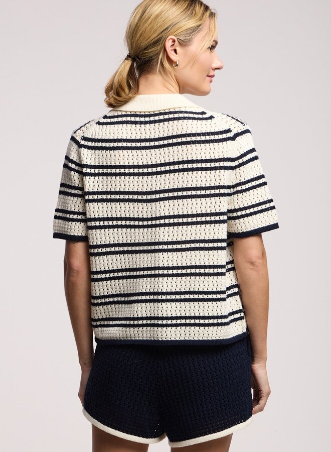 Tricot Velvet Lumen à col polo rayé écru & bleu marine