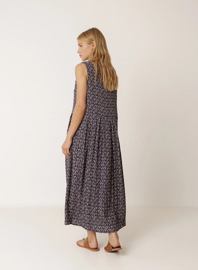 Robe Indi &Cold longue boutonnée bleu marine à motif brun rosé