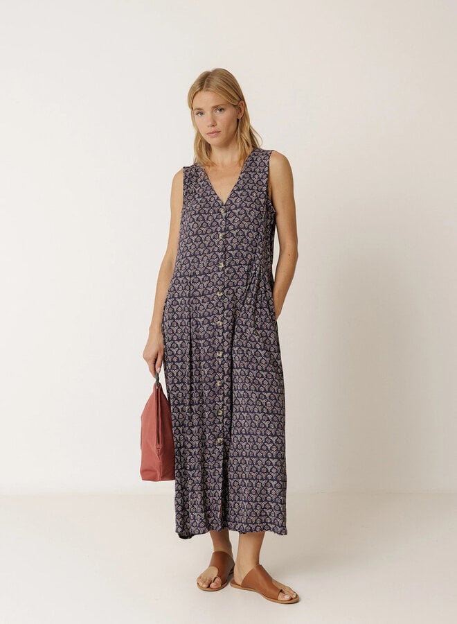 Robe Indi &Cold longue boutonnée bleu marine à motif brun rosé