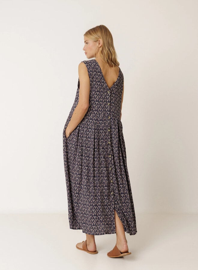 Robe Indi &Cold longue boutonnée bleu marine à motif brun rosé