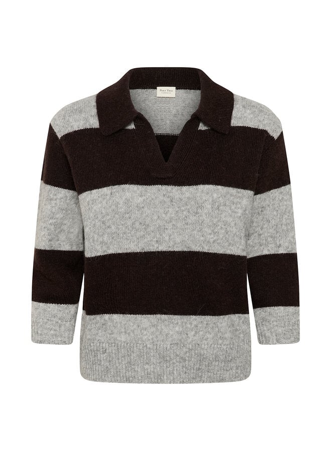 Tricot Part Two Charlott à col polo rayé brun & gris