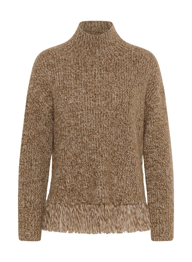 Tricot Part Two Cimina à col montant & franges brun camel mouliné