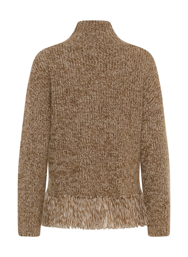 Tricot Part Two Cimina à col montant & franges brun camel mouliné
