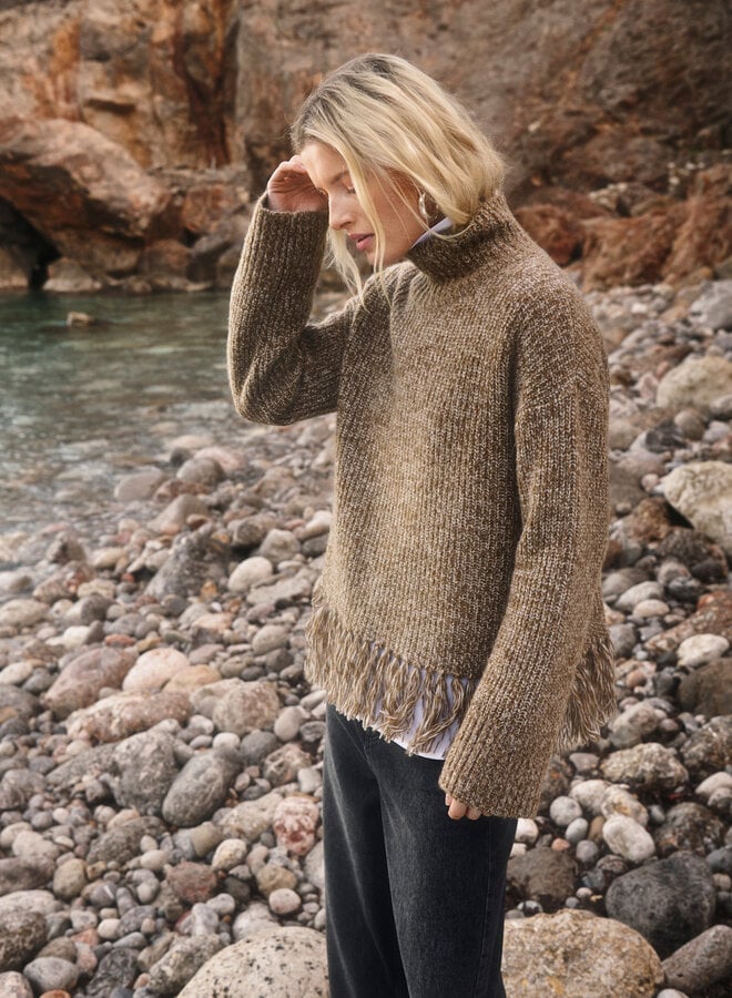 Tricot Part Two Cimina à col montant & franges brun camel mouliné
