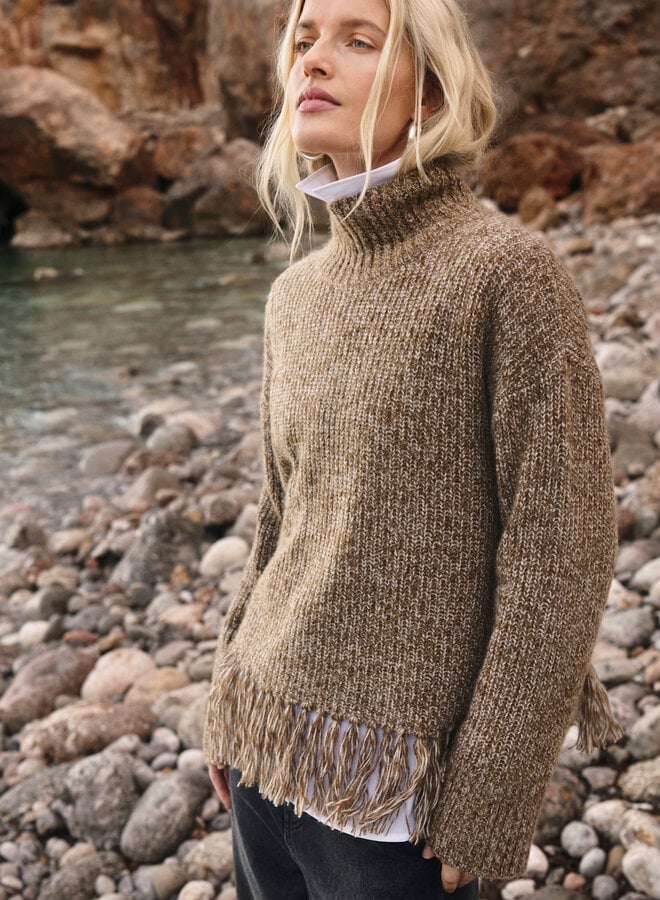 Tricot Part Two Cimina à col montant & franges brun camel mouliné