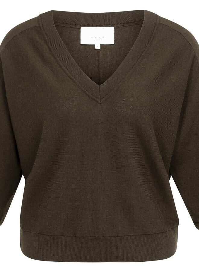 Tricot Yaya à col V & manches 3/4 brun mélange