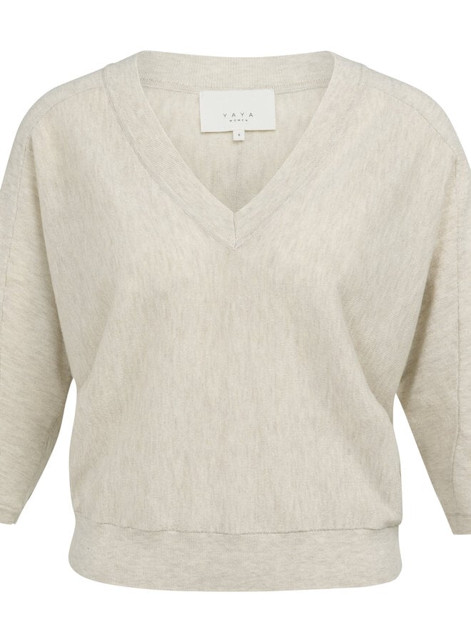 Tricot Yaya à col V & manches 3/4 beige mélange