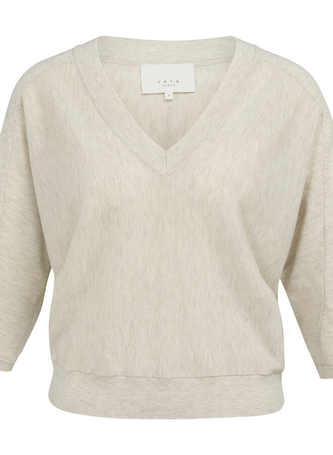 Tricot Yaya à col V & manches 3/4 beige mélange