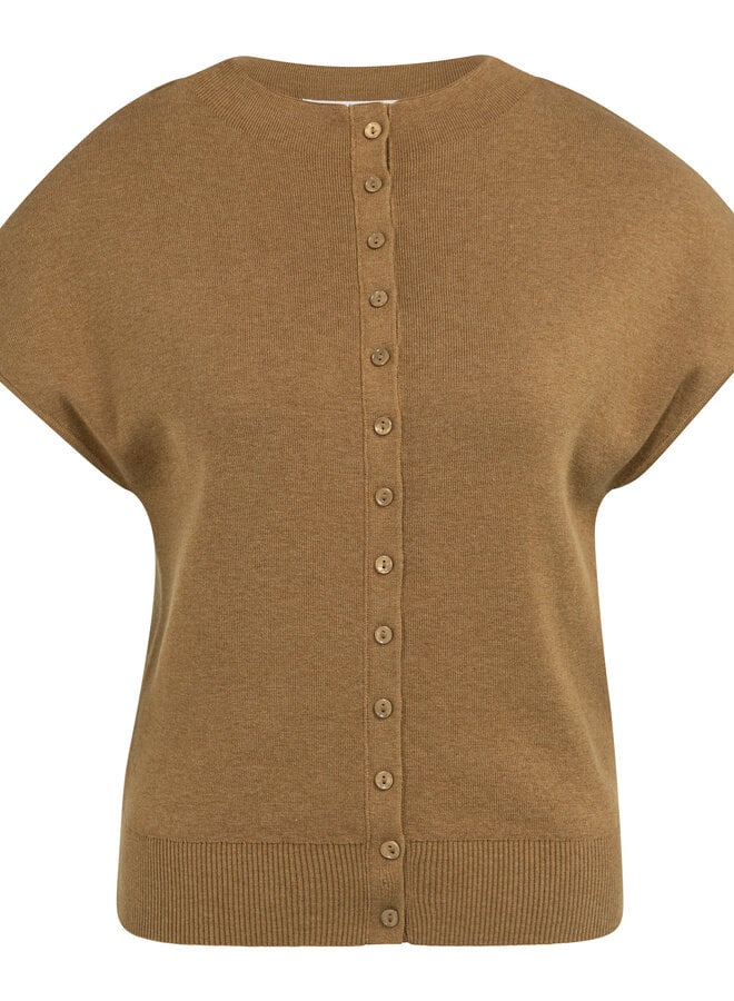 Tricot Yaya à col montant boutonné à manches courtes brun camel mélange