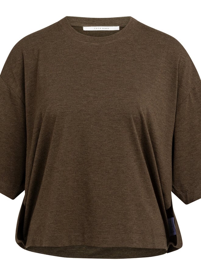 T-shirt Yaya surdimensionnée brun mélange à boutons sur côtés