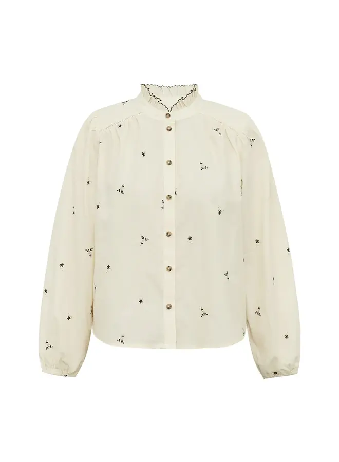 Blouse Lolly's Laundry Alessandra à col frison crème à broderies noires