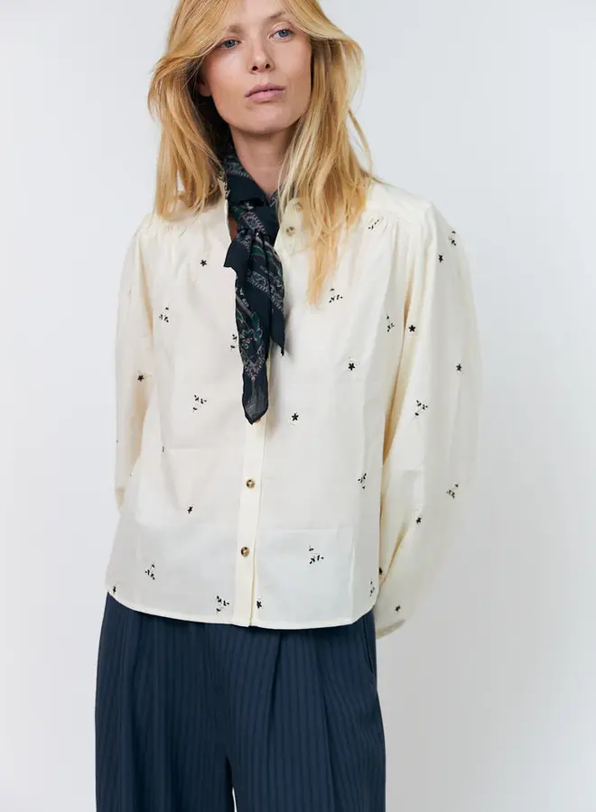 Blouse Lolly's Laundry Alessandra à col frison crème à broderies noires