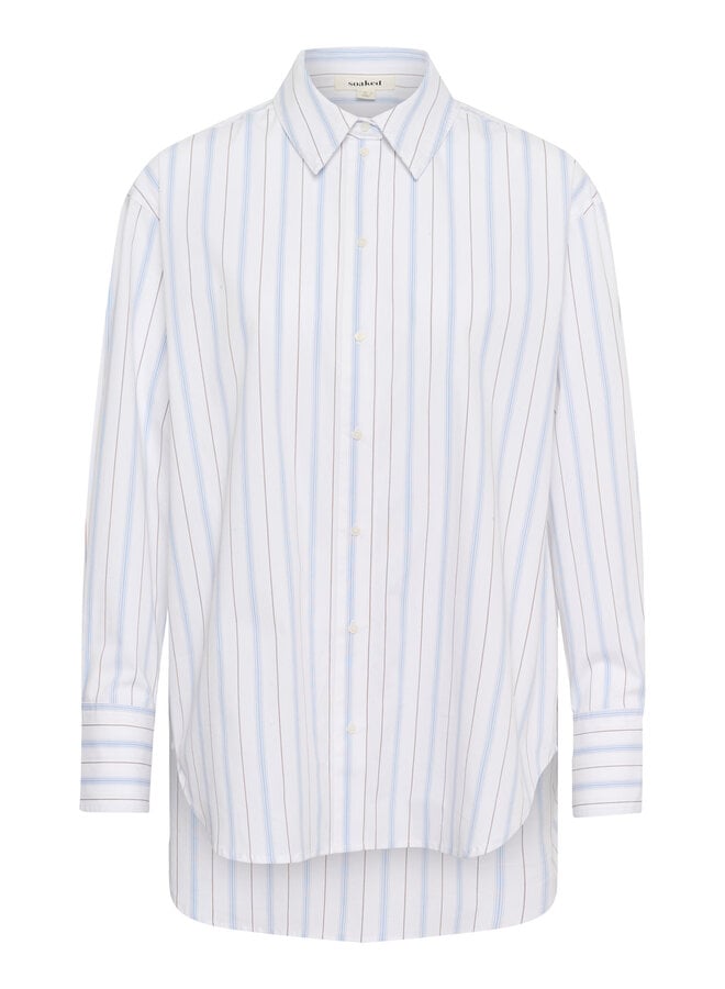 Chemise Soaked Noelle mi-longue blanche rayée bleu ciel
